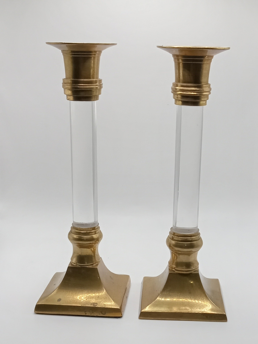 Vintage Pair of Brass and Clear Lucite Taper Candle Holders